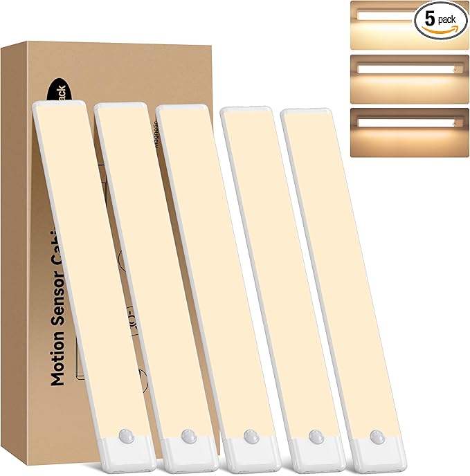 Motion Sensor Under Cabinet Lights, Magnetic Rechargeable Under Counter Closet Light, Wireless Night Light Bar Stick-On, 5-Pack, 3000K Warm White
