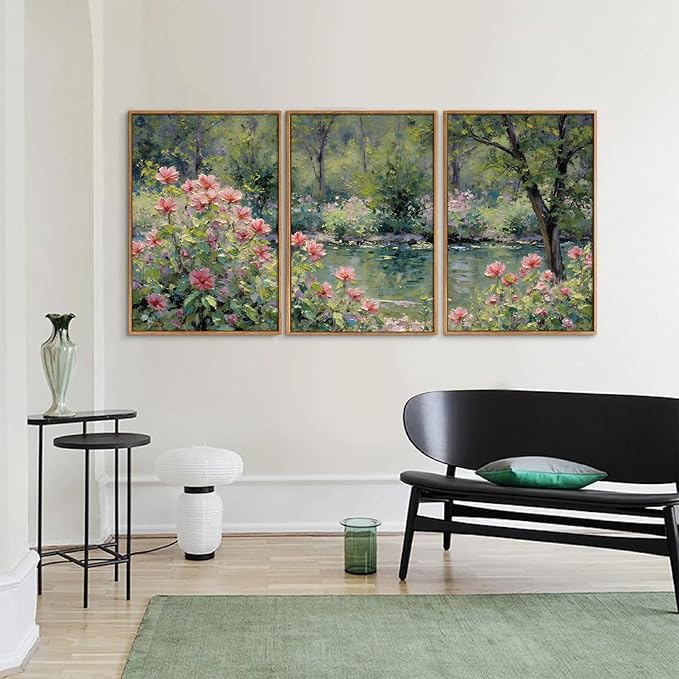 YeeHomedec Monet Botanical Framed Canvas Wall Art Set, Impressionist Floral Garden Wall Decor, Vintage Pond Tree Artwork, Nature Landscape Art Paintings for Living Room Bedroom Bathroom 24"x36"x3
