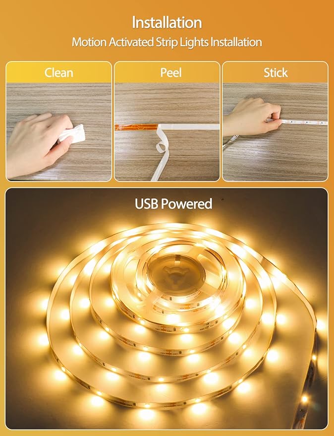 Daymeet Motion Sensor Lights Indoor, 16.4ft Motion Activated LED Strip Lights Under Bed Light, Night Lighting 3000K Warm White Under Cabinet Light for Hallway, Bedroom,Kitchen (NO APP)