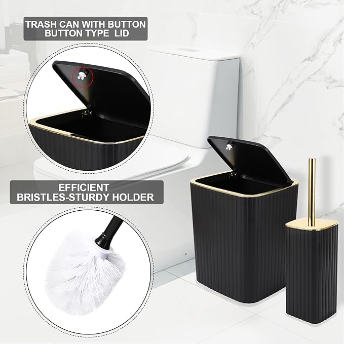 XLHOMO Bathroom Accessories Set - Gorgeous Black Bathroom Set, 10PC Bathroom Accessory Set, Toilet Brush, Trash Can, Qtip Holder & Soap Dispenser