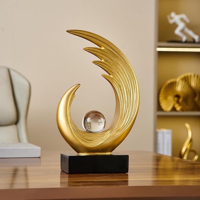 FJS Gold Modern Art Statue Decor, Coffee Table Bookshelf Shelf Decor Accents, Abstract Feather Sculpture Decorations for Dining Room Living Room Office