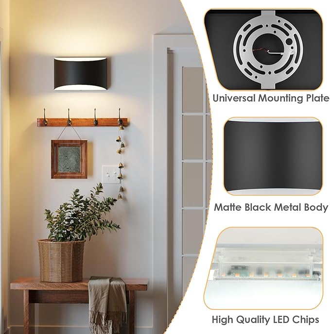 FOLKSMATE Modern LED Wall Sconces Set of 2, 3000K Warm White Up and Down Mount Light, Matte Black Large Interior Wall Lights Hardwired Lamp for Indoor Living Room Bedroom Hallway Basement Stairway