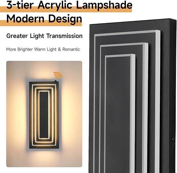 Dusk To Dawn Led Outdoor Wall Light, 3 Tier Modern Exterior Lights For House, 15.7 IN Black Outdoor Porch Lights Wall Mount, 24W Warm White Outside Light Fixtures For Patio, Front Door, 1 Pack