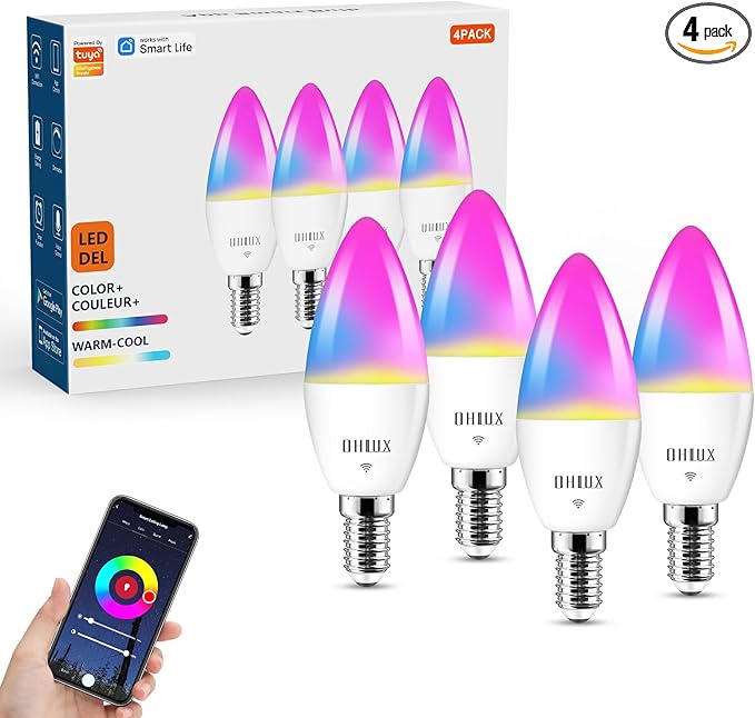 OHLUX Smart Candelabra LED Light Bulbs, 3.5W E12 Base, Compatible with Alexa Google Assistant, Color Changing Bulbs with 16 Million Colors, 2.4GHz WiFi, 4 Pack
