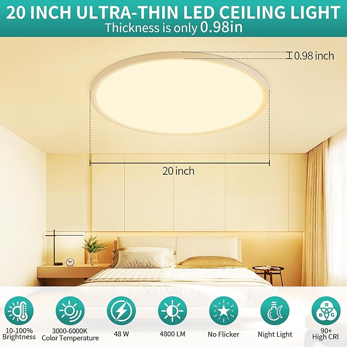 20 Inch LED Flush Mount Ceiling Light,48W Ultra-Thin Modern Round Light Fixture with Remote,Dimmable 3000K-6000K,White,4800LM,Memory & Night Light Mode for Bedroom, Kitchen,Living Room