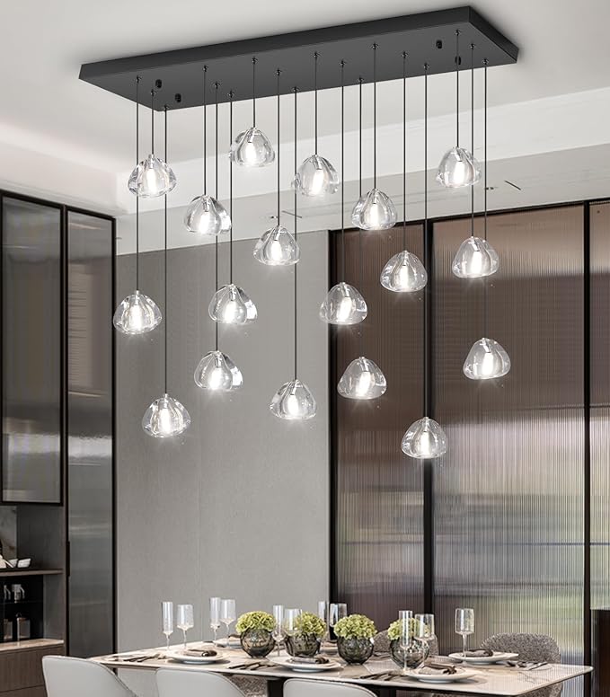 W35 x D11.8 x H118 Rectangular Chandelier Bubble Crystal Balls Glam Chandeliers Dimmable Light High Ceiling Pendants Light Fixtures Adjustable Long Lights Black