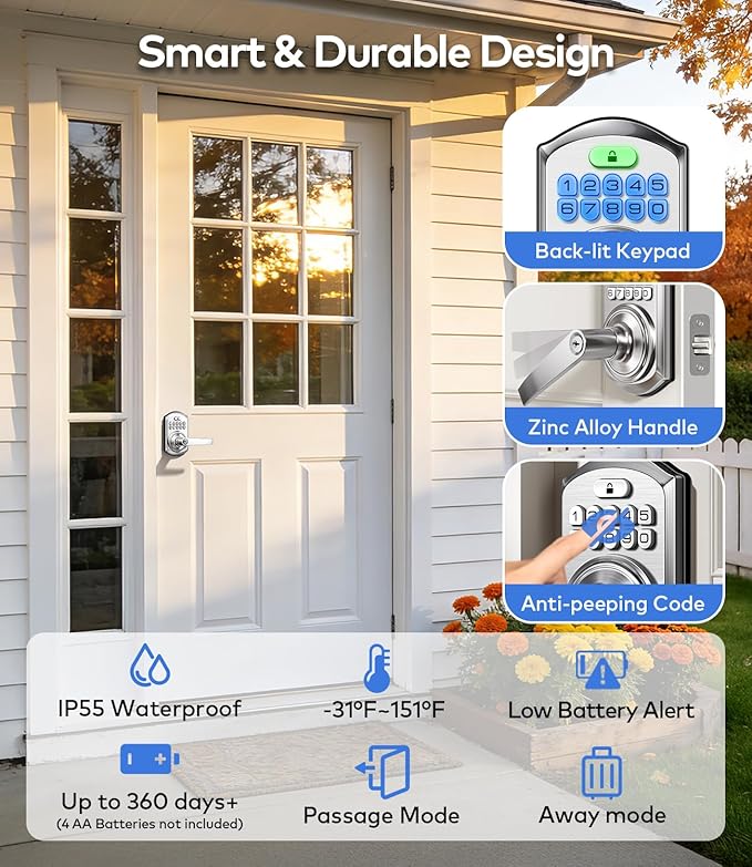 TEEHO TE019 Smart Keyless Entry Door Lock with Handle, App Control, Digital Electronic Keypad, Remote One-Time Code Sharing, Auto Lock & Passage Mode, for Bedroom & Rental, Satin Nickel