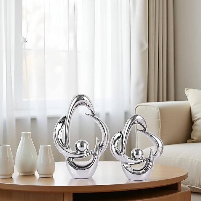 2PCS Home Decor Accent Ceramic Statue Abstract Sculptures Centerpieces Mid Century Modern Decor for Tables Coffee Table top Decorations for Living Room Desktop Shelf Dining Room Kitchen (Sliver)