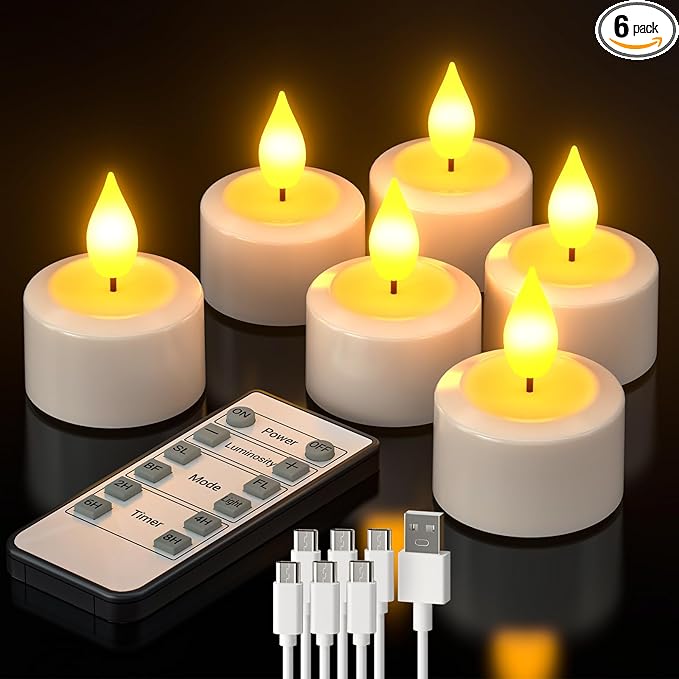 PChero 6 Pack Rechargeable Flameless Candles with Remote Timer, Battery Operated Tea Lights Candles, LED Flickering Tealights Candles for Home Wedding Halloween Fall Christmas Decor