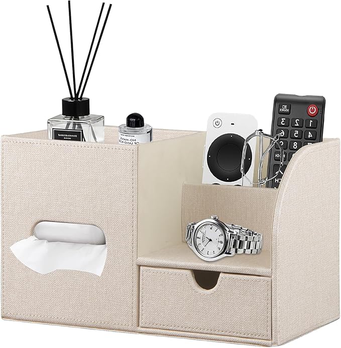 Fanousy Square Tissue Box Cover with Drawer Storage and Tray on Top, PU Leather Tissues Cube Boxes Holder, Modern Nightstand Organizer Caddy, Remote Control Holder for Bathroom, Bedside, Office, Home
