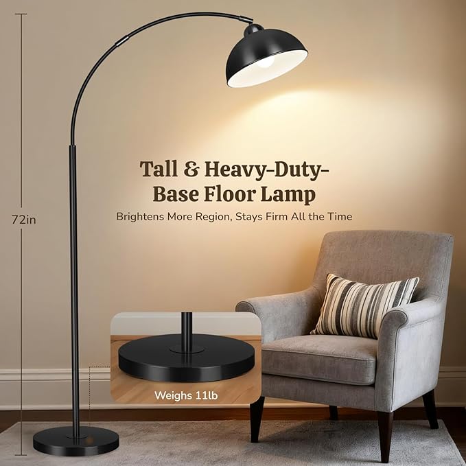 Arc Floor Lamps for Living Room, 72" Modern Tall Lamp with Remote Control and Stepless Dimmable 9W LED Bulb, Over Couch Arched Reading Lamp for Bedroom, Office(Black)