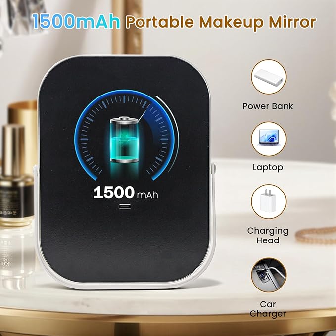 Vanity Mirror with Lights, 8"×6" LED Makeup Mirror Built-in 1500mAH Lithium Battery, Smart Touch with 3-Color Lighting, Dimmable, Lighted Up for Makeup Desk, Travel (White)