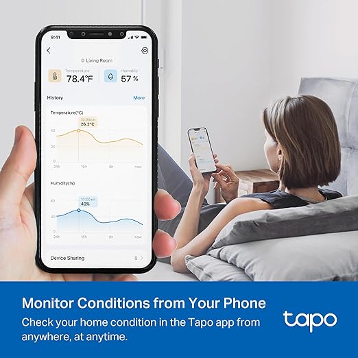 Tapo Smart Temperature and Humidity Monitor, 2.7" E-Ink Display, Swiss-Made Sensor, Real-Time Notification, Visual Graphics, Hub Required, White (T315)