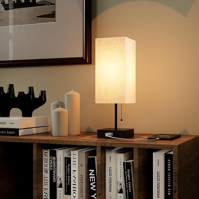 Table Lamp for Bedroom,Nightstand Lamp for Bedside with AC Outlets,Adjustable 3color LED Light Desk Lamp for Home Decor,Included Bulb and Lamp Shade (Linen White-onlyAC, 1PCS)