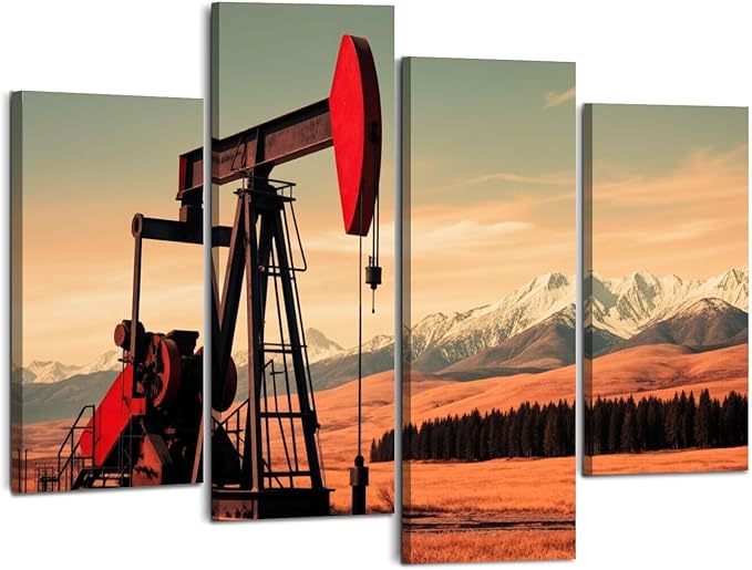 Canvas Wall Art Prints Pictures Oil Gas Pump Mountains Framed Posters Modern Wall Painting Artwork Gift Home Decor for Living Room Ready to Hang 4 Panel
