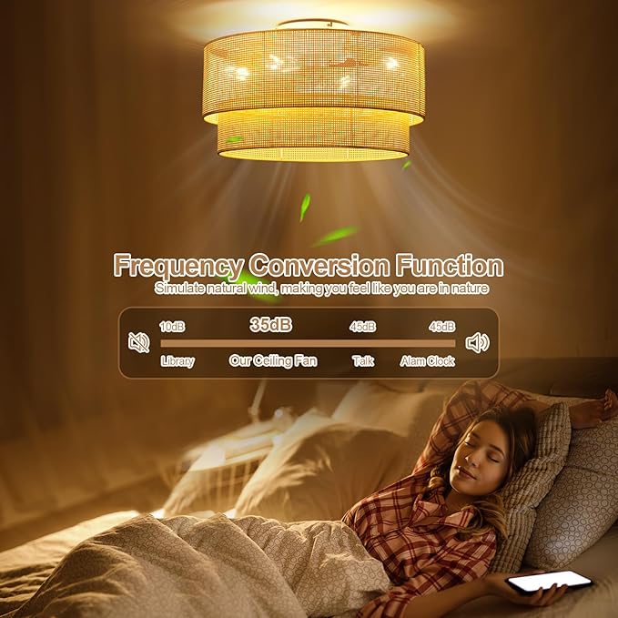 20 Inch Boho Caged Ceiling Fans with Lights Flush Mount, Rattan Ceiling Fan with Light Remote Control with Reversible 6 Speeds for Bedroom, Nursery, Living Room, E26, Base, Indoor