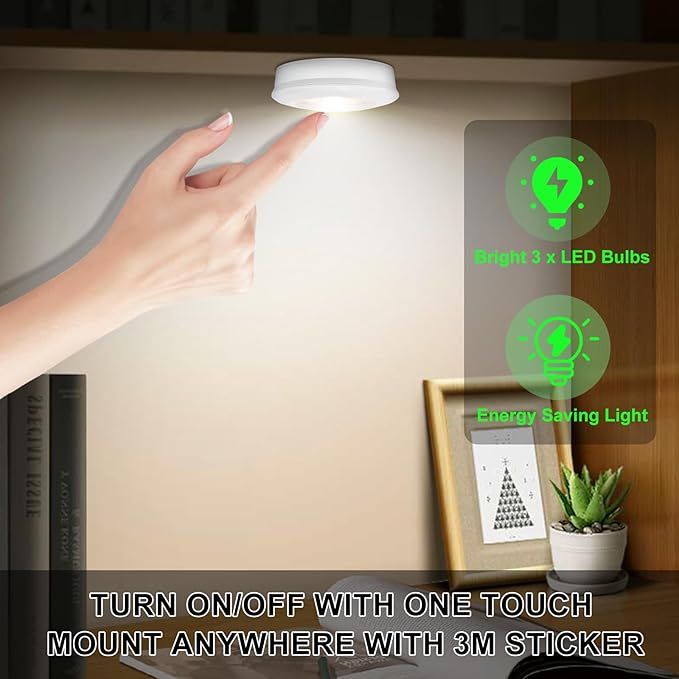 BIGMONAT LED Puck Light, Stick on Lights, Closet Lights Battery Operated, Tap Lights, 60 Lumens Touch Light, Under Cabinet Lighting, Ideal for Kitchen Cabinets, Closets, Garage and More, 3-Pack, White