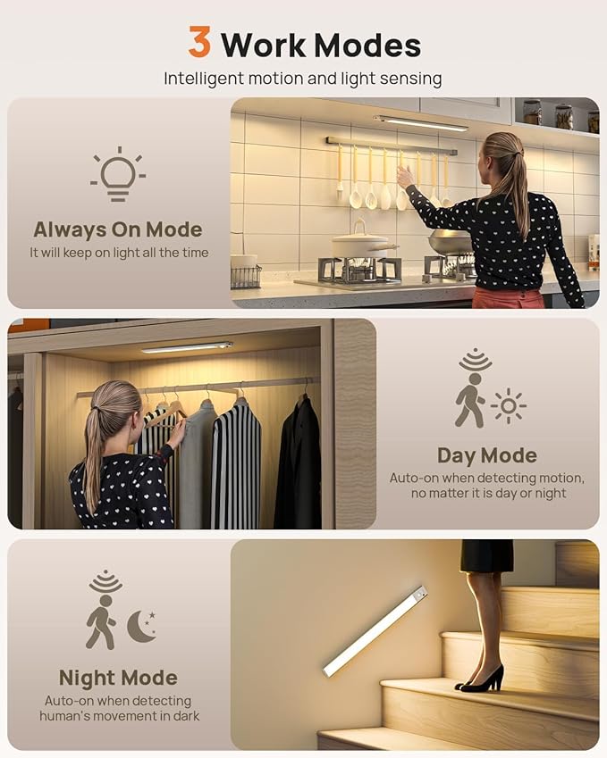 16in Under Cabinet Lighting with Remote, LED Motion Sensor Light Indoor, Rechargeable Closet Lights Wireless, Dimmable, 3 Color Temps, Magnetic Under Counter Lights for Kitchen, Pantry, Stair, 5 Pack