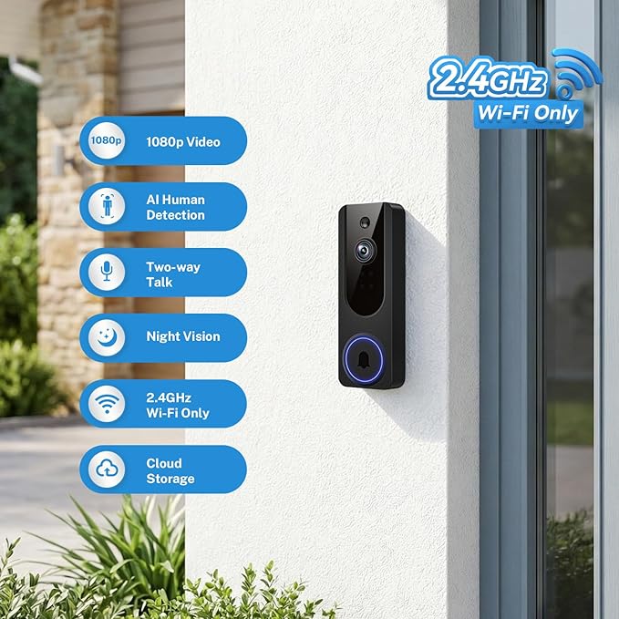 Gazing 1080P Wireless Wi-Fi Doorbell Camera for Home Safety, Night Vision, 2-Way Audio, Cloud Storage, AI Human and Motion Detection, Live View, Battery Powered, Indoor Outdoor Surveillance