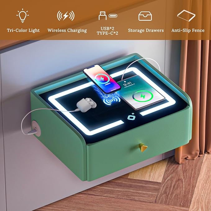 HOMEMORE Floating Nightstand with Charging Station Bedside Table LED Smart Bedside Table Wall Mounted Nightstand Green