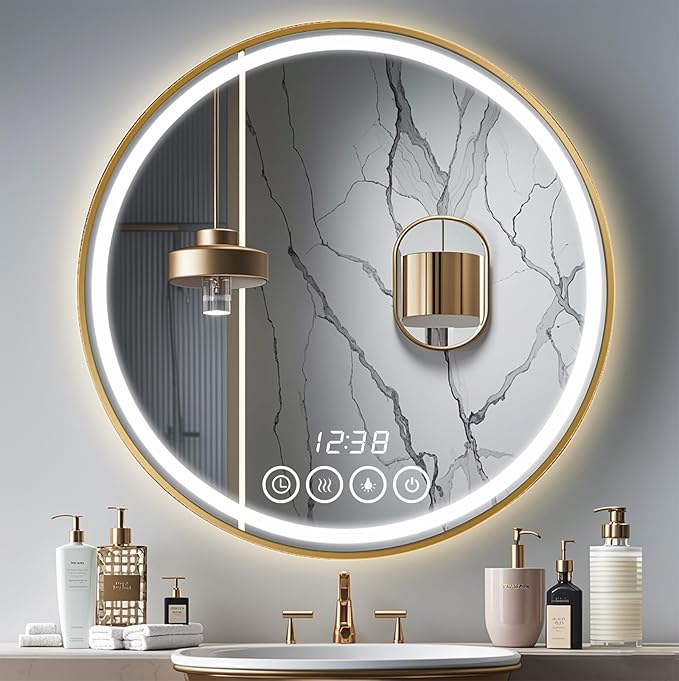 Wall-Mounted Round Bathroom Mirror with LED-Lights - Frame Vanity Mirrors (32" x 32", Gold)