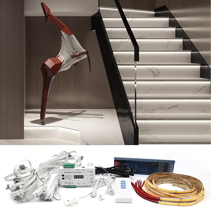 Intelligent Motion Sensor LED Stair Light Kit with Main Wire& Daylight Sensor, Step by Step Control 47.2 Inches Cuttable LED Strip Lights Indoor with Remote (16 Stairs,6000K)