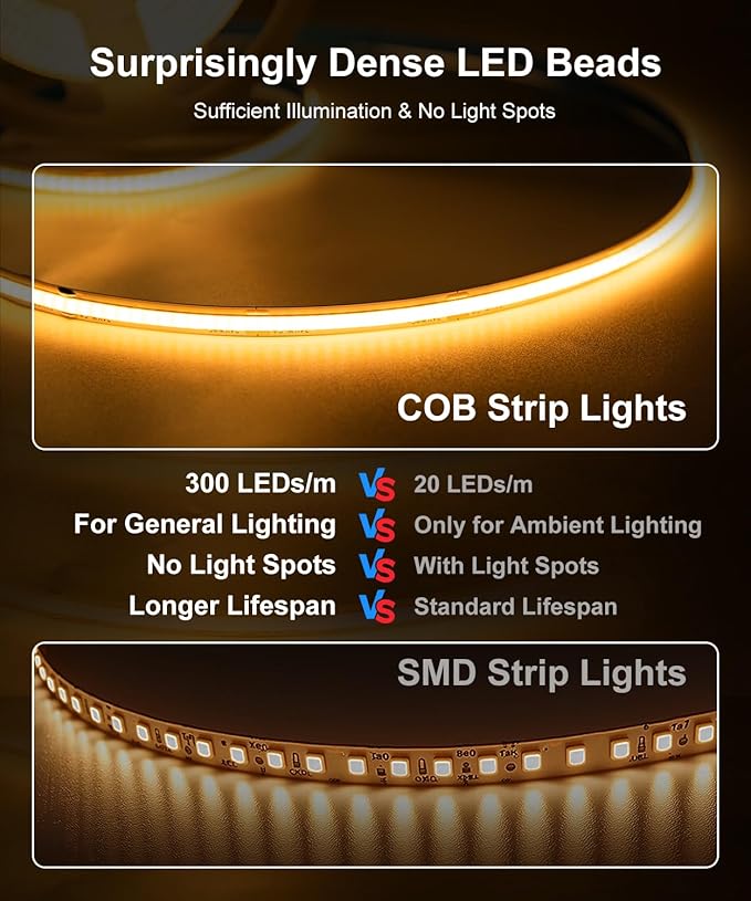 Fussion COB Led Strip Light 16.4ft Warm White LED Lights for Bedroom, Ultra Bright 24V Cabinet Strip Lighting with Remote Control, Ambient Mood Lighting for DIY Mirror, TV, Nightstand, Kitchen