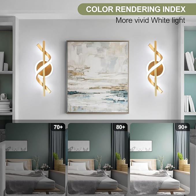 LED Wall Sconces Indoor, 12W LED Wall Mount Lights, Modern Spiral Wall Lamp, 6000K Cold Light Fixture for Stairs, Living Room, Bedroom, Aisle, Hallway (Cold White, Gold)