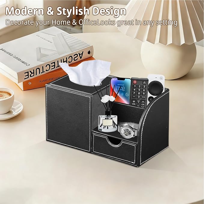 Nightstand Organizer with Tissue Holder,PU Leather Square Tissue Box Cover,Modern Facial Paper Organizer Storage Box for Remote Control,Bathroom,Vanity Countertop,End Table Home Office.Black