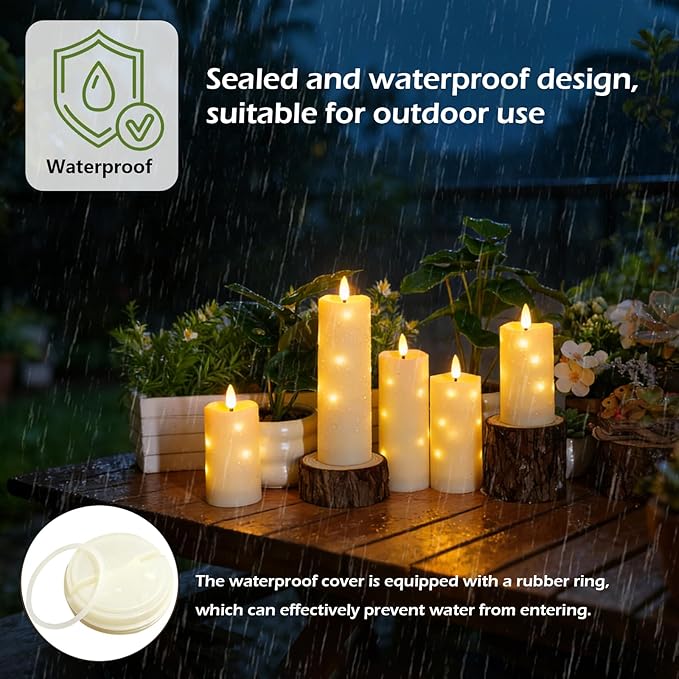 Outdoor Waterproof Flickering Flameless Candles with Timer,5Pcs Battery Operated LED Pillar Candles with Embedded Star String for Outdoor Lanterns,Porch,Patio Decor(Ivory)