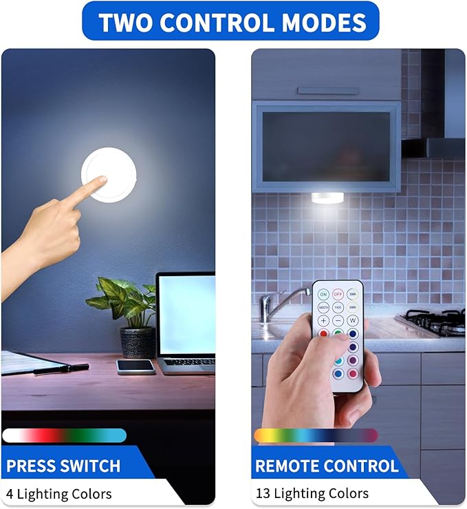 Magnetic LED Under Cabinet Lights, 3 Pack Rechargeable LED Puck Push Light with Wireless Remote Control, 13 Colors Dimmable RGBW Lighting and Timer Function for Kitchen Bedroom Lighting