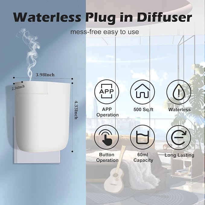 Smart Plug in Wall Diffuser,Compact Waterless Essential Oil Diffuser Scent Air Machine,Portable Cold Air Fragrance Diffuser for Home Office Quiet&Long Lasting 60ML 500Sq Relaxation Housewarming Gift