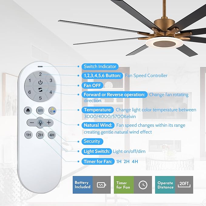 Ceiling Fans with Lights and Remote, 65 Inch Brass Ceiling Fan for Living Room Bedroom, Large Black Outdoor Ceiling Fans for Patios, Dimmable LED, 6 Speeds, Reversible DC Motor, Ventilador de Techo