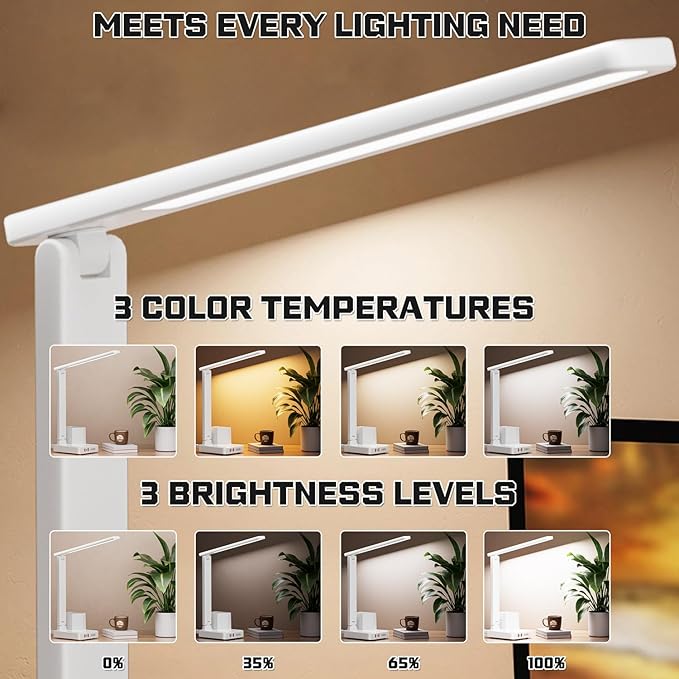COZOO Dimmable Desk Table Lamp with Pen Holder/Organizer,Study LED Desk Lamp with USB Charging Port/Type C Port/Outlets/Storage Box/Touch,Kids Desk Reading Light for Students,Desk Lamp for Home Office