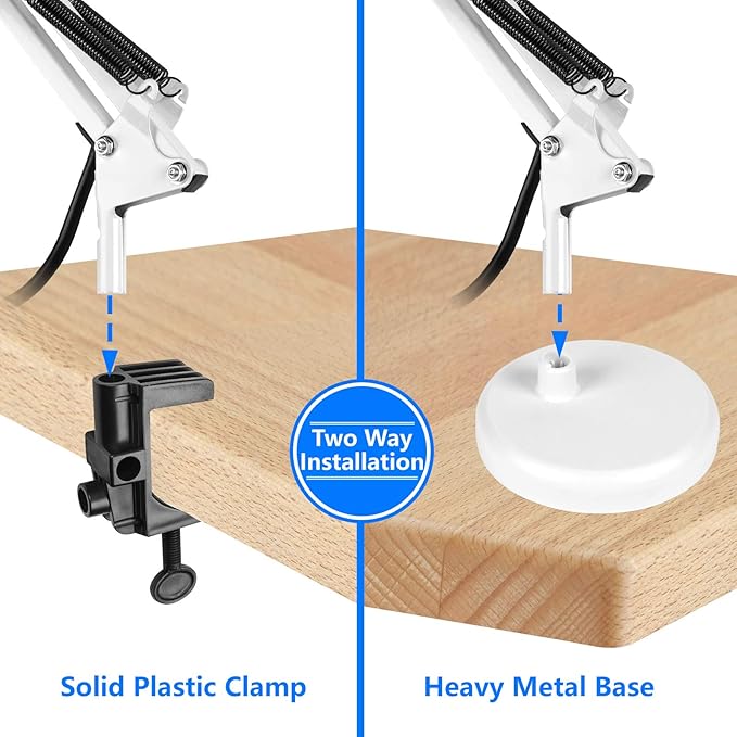 AmeriTop Metal Desk Lamp, Adjustable Swing Arm Table Lamp with Interchangeable Base Or Clamp; Eye-Caring Desk/Clip Reading Lamps for Bedroom, Study, Office (White)