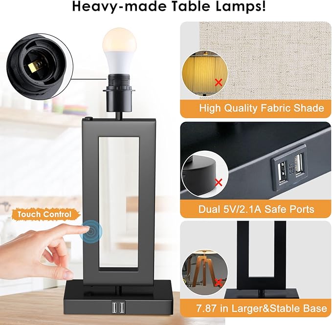 Tall Table Lamps for Living Room Set of 2, Modern Bedside Lamps w. 2 USB Ports, 3-Way Dimmable Touch Control Nightstand Lamp Set w. Fabric Cream Shade for Bedroom End Table, 22 in