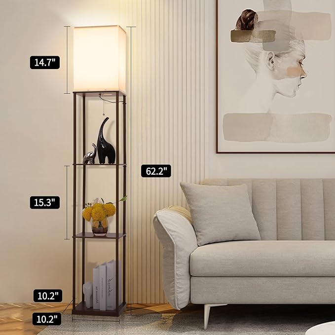 Floor Lamp with Shelves, Modern Square Standing Lamp with 3 Color Temperature Bulb, Corner Display Bookshelf Lamp for Living Room, Bedroom and Office(Brown-2 Pack)