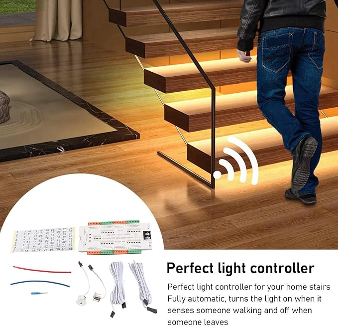 Yunir Motion Sensor LED Stair Light Controller, 32 Channels Intelligent Automatic Staircase Ladder Step Light Controller, Stairway Lighting Controller, for Home, Store DC12V 24V