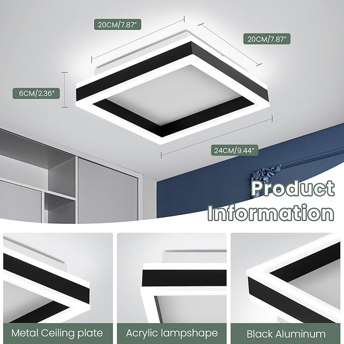 Square LED Hallway Ceiling Light, 6000K Cold White Black Modern Led Ceiling Light Fixture,Minimalist Flush Mount Ceiling Lamp for Hallway Entryway Bedroom Kitchen Laundry Room(9.5 in)