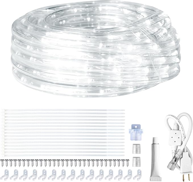 SURNIE Rope Lights Outdoor Waterproof Daylight White: LED 25FT Cuttable Outside Bright 110V Lighting 6000K Flexible Cool Clear Tube, Indoor Deck Patio Xmas Camping Decor, Not Flat Strip