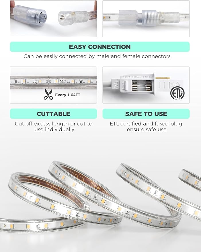 GZBtech AC 110-120V LED Strip Lighting 66FT/20M, 2800K Warm White IP65 Waterproof Outdoor Strip Lights, 60LEDs/M SMD2835 Cuttable & Connectable LED Rope Light for Indoor Outside Exterior, ETL Listed