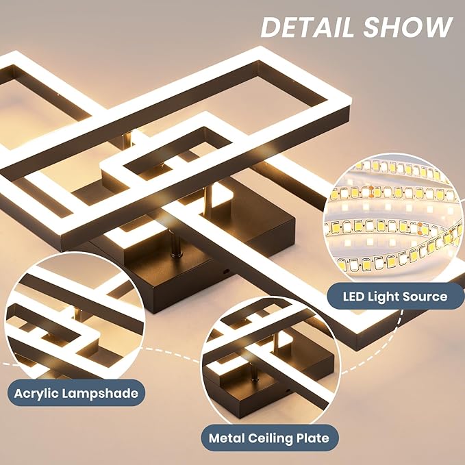 Modern Led Ceiling Light Fixtures, Black Flush Mount 3-Square Ceiling Light with Remote Control&APP, Dimmable, 40W Acrylic for Bedroom, Kitchen, Dining Room