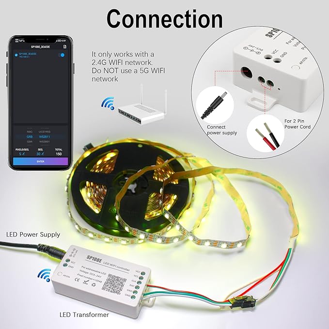 VIPMOON SP108E LED WiFi Controller, Wireless Remote Control for WS2811 WS2815 WS2801 SK6812 WS2813 SK9822 APA102C Addressable RGB LED Pixels Strip