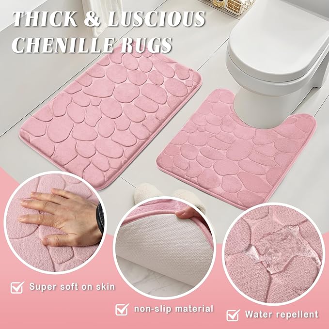 XLHOMO Bathroom Set with Shower Curtain and Rugs- 25PC Bathroom Accessory Set, Pink Bathroom Set, Toilet Brush, Trash Can, Qtip Holder & Soap Dispenser