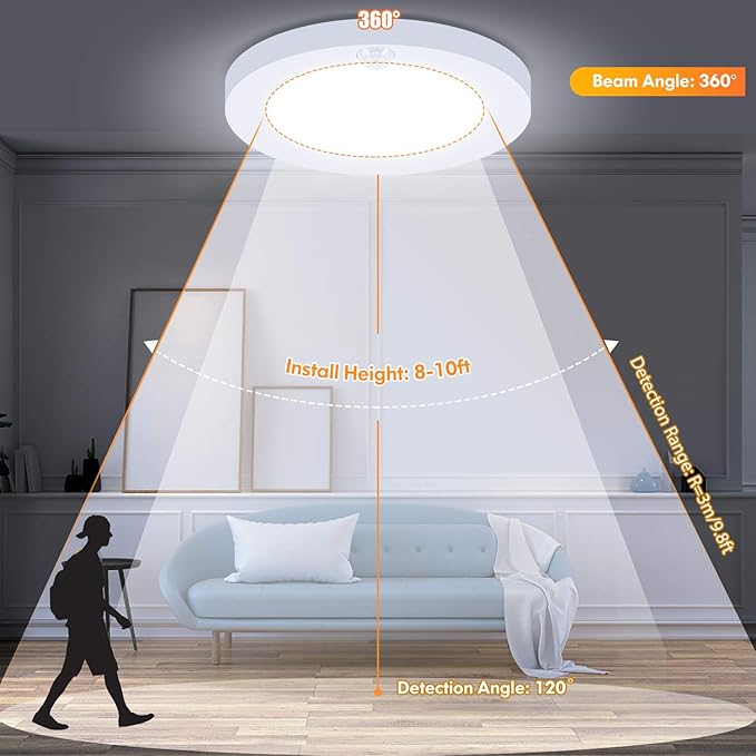 Brightever Motion Sensor LED Ceiling Lights, 1200LM & 15W(100W Equivalent), 3000K/4000K/5000K Selectable, 7.5inch Flush Mount Lighting Fixture for Indoor, Stairs, Pantry, Closet, Pack of 4, White