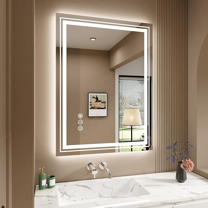 WTTY LED Bathroom Mirror 32x24 Inch, Front Light and Backlit LED Mirror for Bathroom, Lighted Vanity Mirror for Wall, Stepless Dimmable, Anti-Fog, Shatter-Proof, Memory, Double LED Vanity Mirror