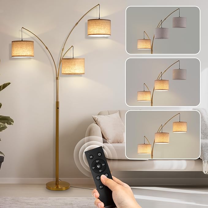 Gold Floor Lamps for Living Room, Super Bright Arc Floor Lamp with Remote Control, 3 Light Tall Floor Lamps with Stepless Dimmable, 80" Mid Century Tree Floor Lamp for Bedroom, Office
