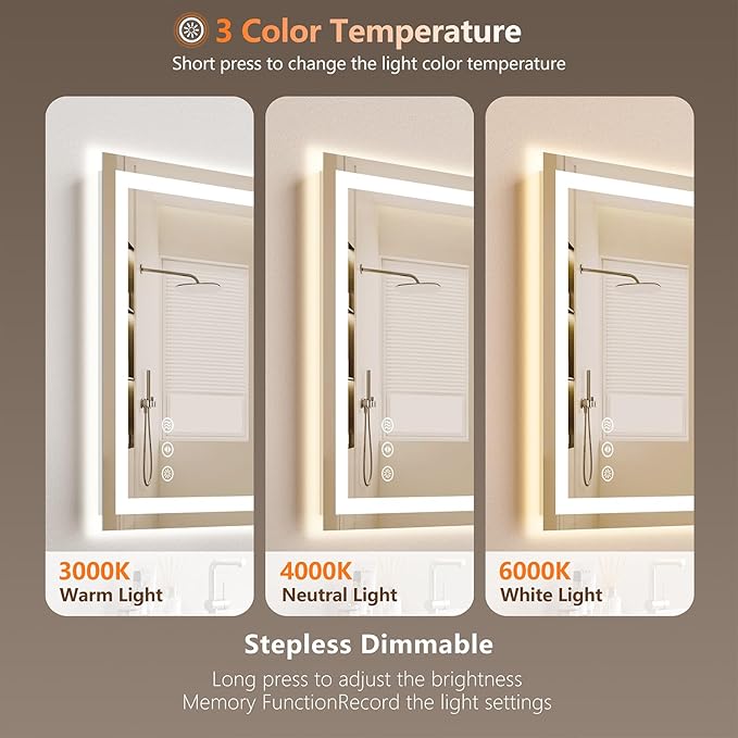 24x30 LED Bathroom Mirror with Lights - Dimmable, Anti-Fog, 3 Color Backlit & Front Lit Mirror for Bathroom, Shatter-Proof Tempered Glass, Easy Installation