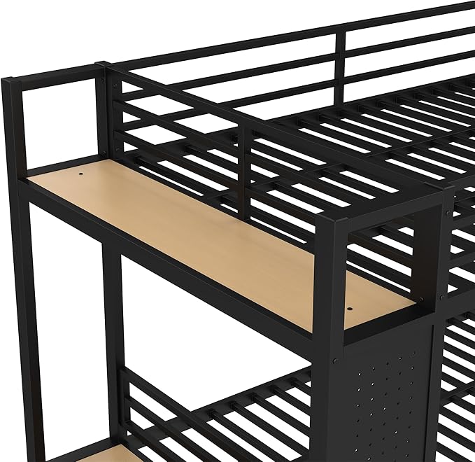 Bellemave Full Over Full Metal Bunk Bed with Storage Drawers and Shelves, Heavy Duty Bunk Beds with Pegboard and Coat Rack for Kids, Adults,Black、