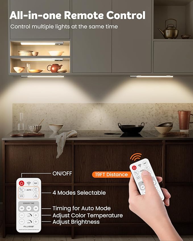 ALUSSO LIGHTING 80 LED Wireless Under Cabinet Lighting with Motion & Hand Wave Sensor, 3CCT Dimmable Magnetic Closet Lights, Rechargeable Battery Operated Under Counter Lights for Kitchen, 4 Pack